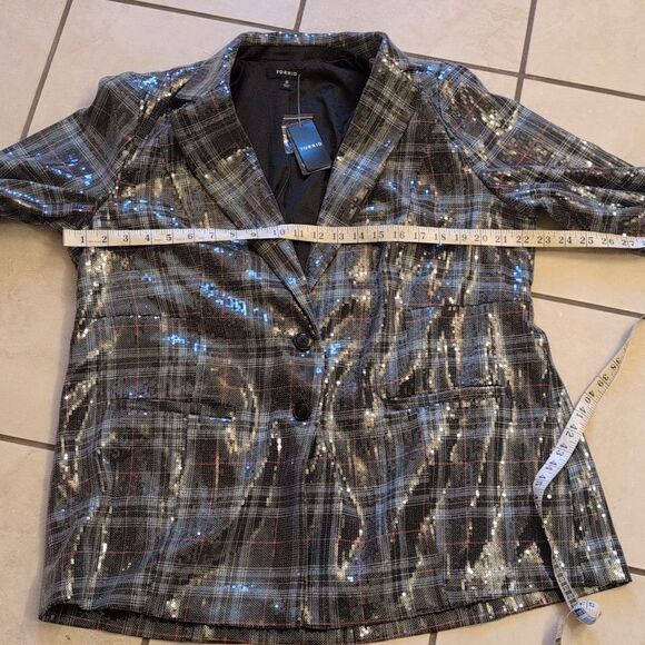 NWT Torrid Sequin Button Front Blazer Plaid blue black satin interior size L - Picture 5 of 14